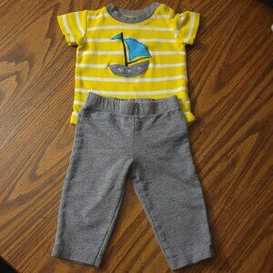 Carter's Baby Boy Sailboat Yellow/White Strip Onesie & Gray Pants 6 Months
